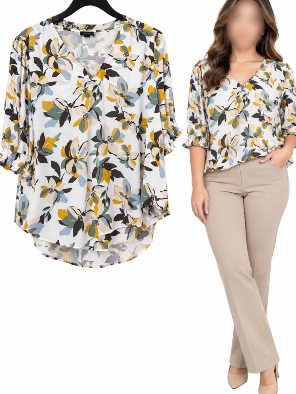 ANN TAYLOR V-Neck Floral Blouse in White, Yellow & Gray - Women's Top